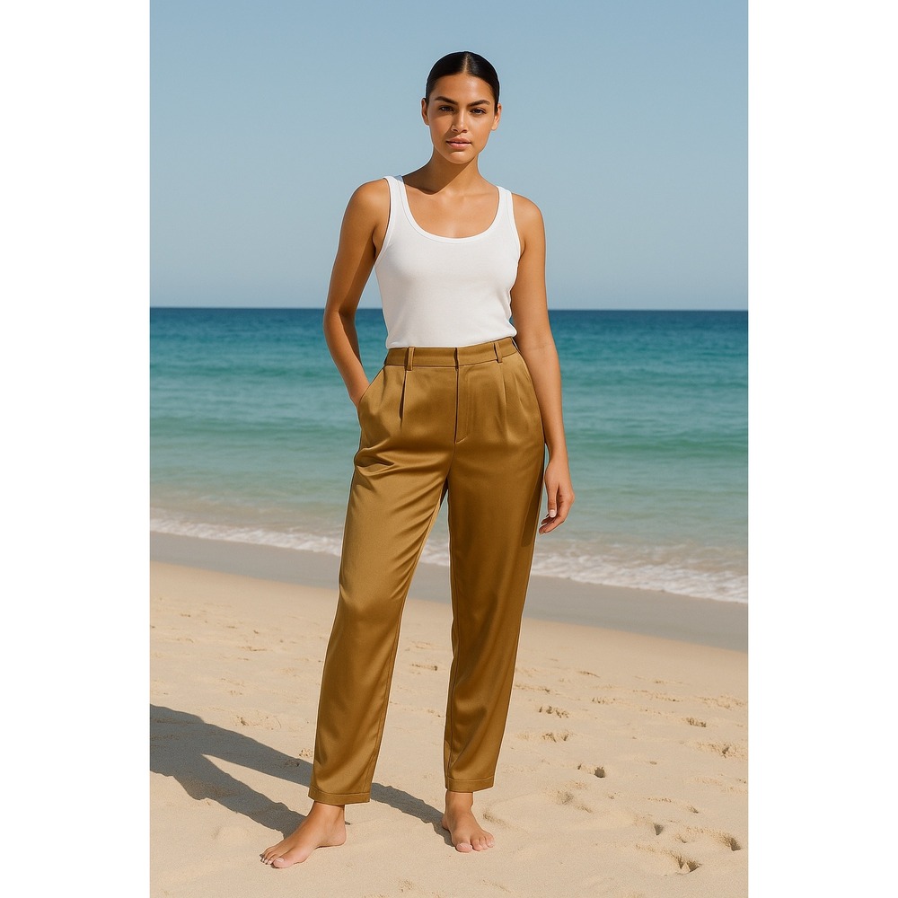 Summersalt Women's High Waisted Pleated Wide Leg Satin Pants‎ Brown Small